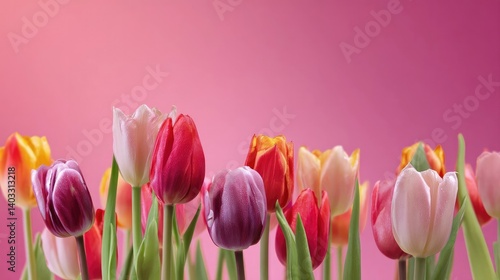 Beautiful close-up of vibrant tulip flowers in various colors, with a soft pink background. Concept of spring, nature, and floral beauty.