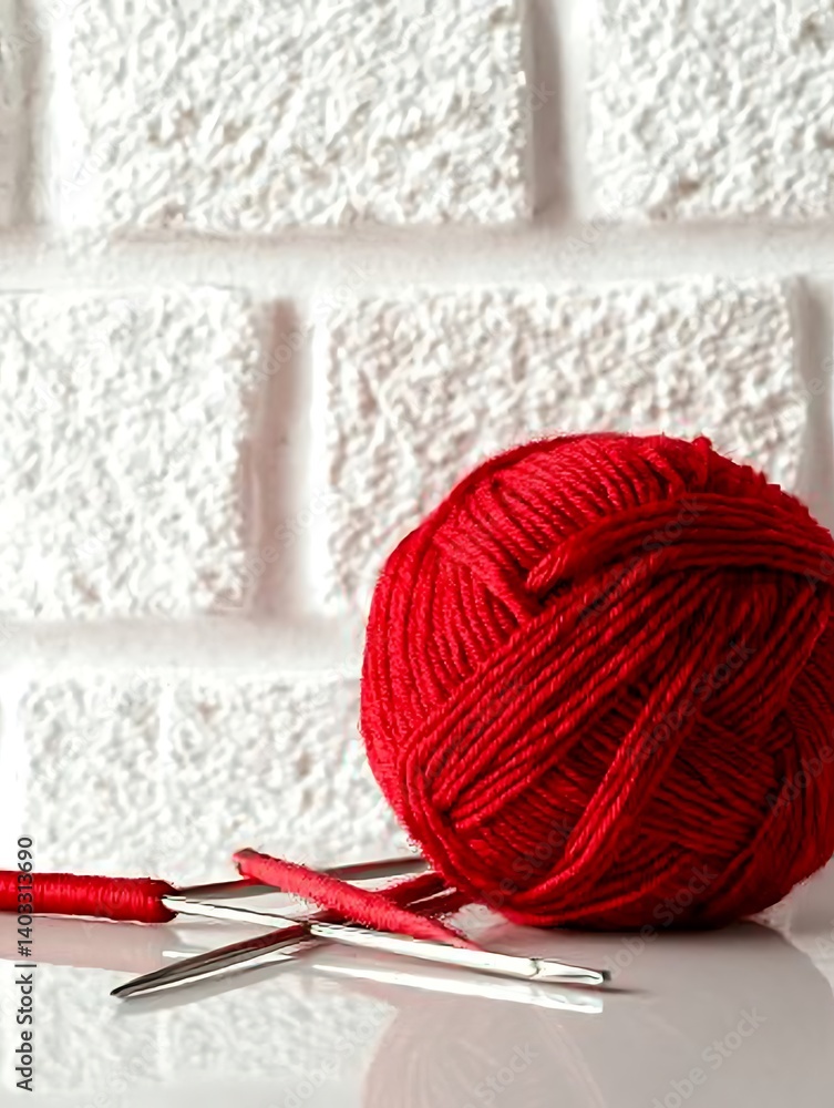 Red yarn ball with knitting needles.
