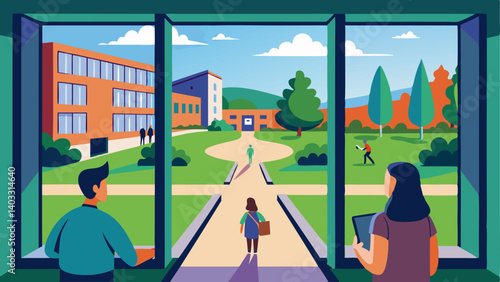 A view of the campus quad from a window in the study area with students walking and chatting.