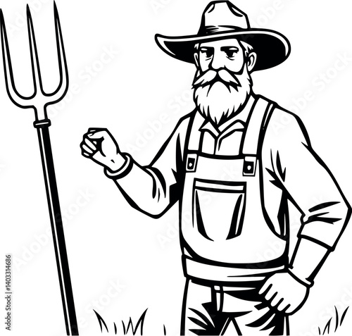 Outline illustration of a farmer holding a pitchfork minimal style