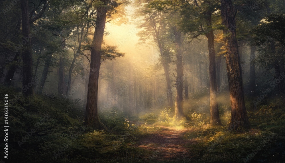 Obraz premium Sunlight filtering through a misty forest path.