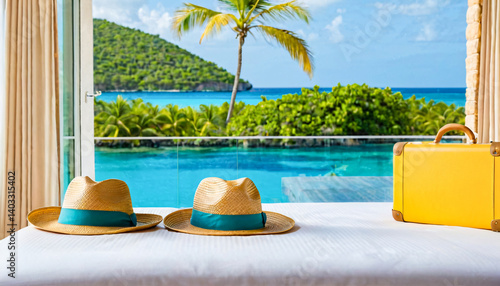 Wallpaper Mural Straw hats and a vacation bag symbolizing going on vacation or preparing for vacation. Torontodigital.ca