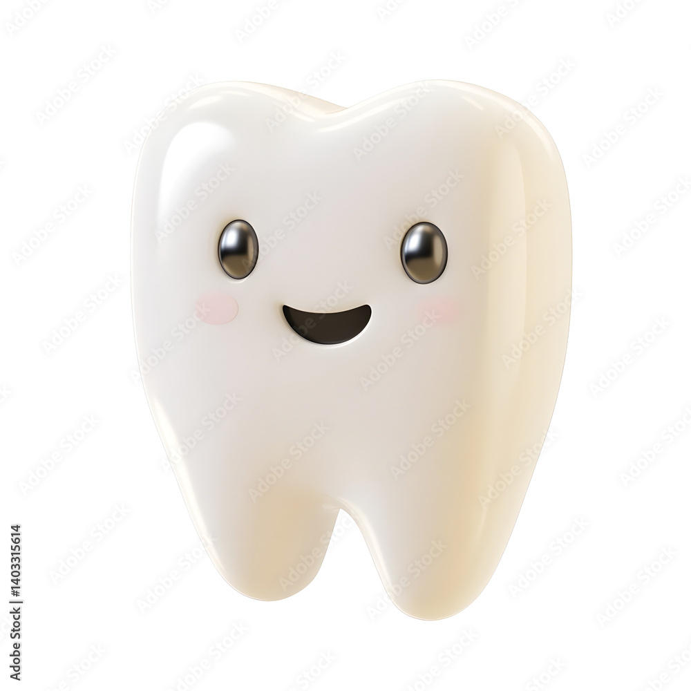 3D icon of a smiling tooth character in plain white, representing dental hygiene, child-friendly dental education, and oral health. 3D icon of a smiling tooth character in plain white, representing dental hygiene, child-friendly dental education, and oral health.