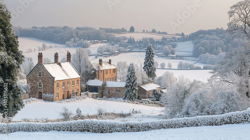 Snowy winter landscape showcasing rustic farmhouses.