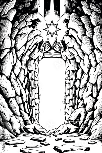 Engraved magical portal vector illustration. Vintage monochrome etching of a mystical gateway.