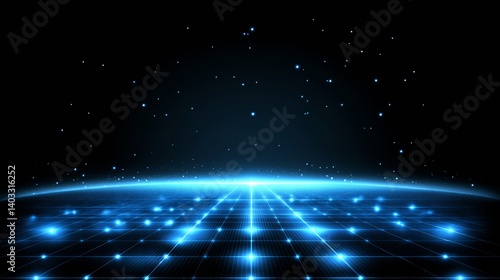 High-tech digital network grid with blue glowing lines and floating data nodes, 3D perspective, representing global connectivity and information flow.