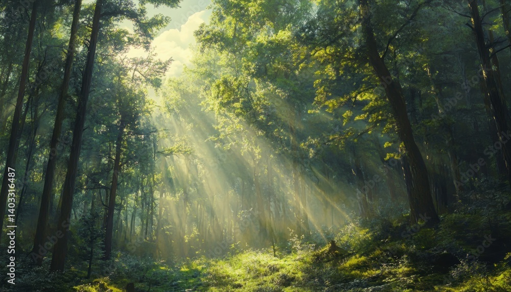 Obraz premium Sunlight streams through a lush forest canopy.