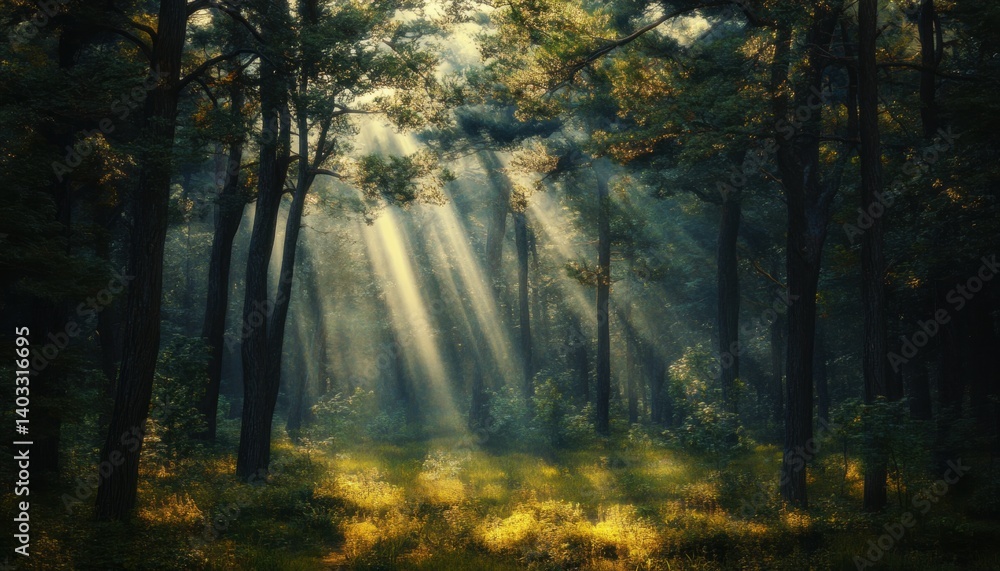 Obraz premium Sunlight streams through a misty forest canopy.