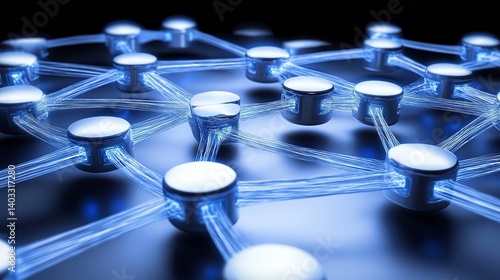 High-tech digital network grid with blue glowing lines and floating data nodes, 3D perspective, representing global connectivity and information flow.