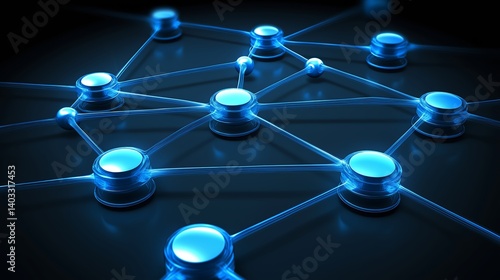 High-tech digital network grid with blue glowing lines and floating data nodes, 3D perspective, representing global connectivity and information flow.