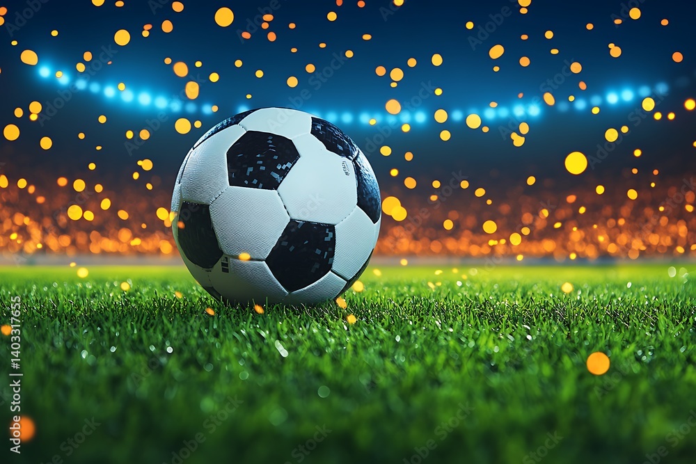 Fototapeta premium CloseUp of Black and White Soccer Ball on Green Grass at Night Stadium Lights Bokeh