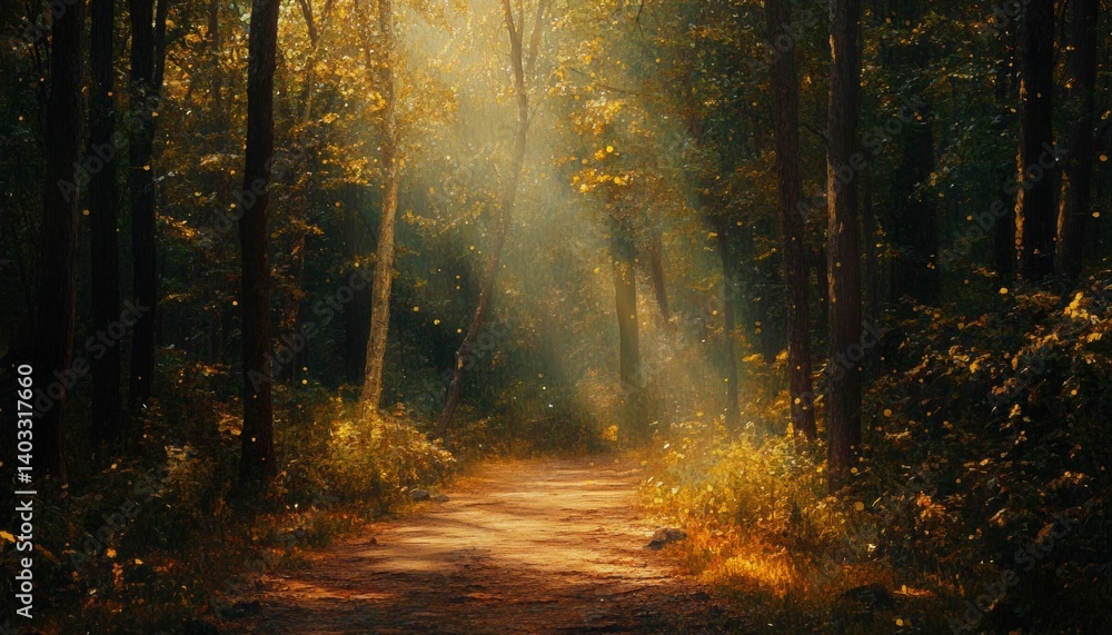 Obraz premium Sunlight streams through a tranquil forest path.