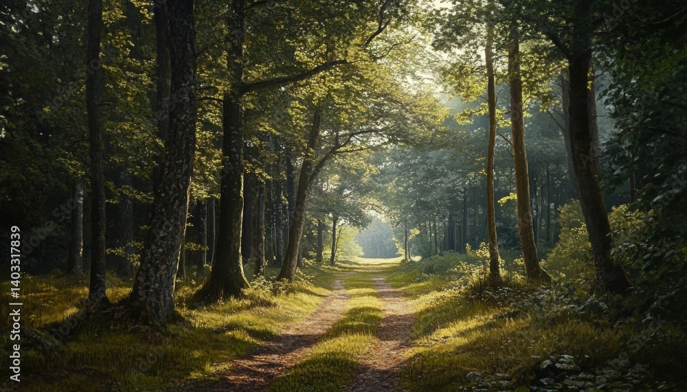 Obraz premium Sunlight filtering through a serene forest path.