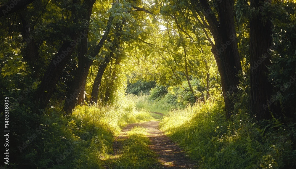 Obraz premium Sun-drenched forest path winding through lush greenery.