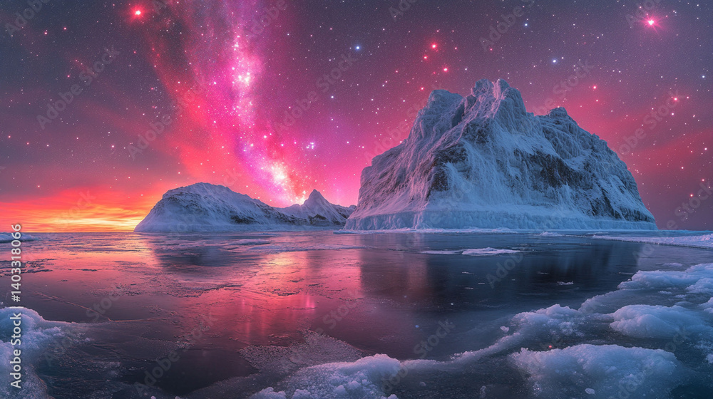 Naklejka premium Majestic icebergs bathed in a vibrant, starry aurora.