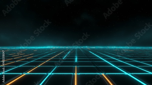 High-tech digital network grid with blue glowing lines and floating data nodes, 3D perspective, representing global connectivity and information flow.