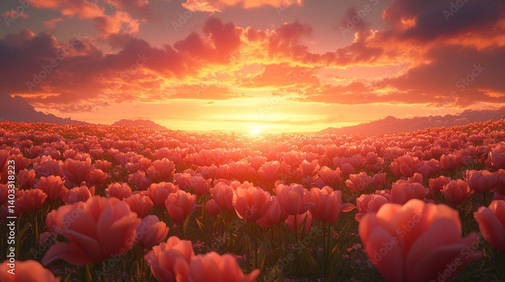 Fototapeta premium Stunning sunset over a field of vibrant pink tulips.