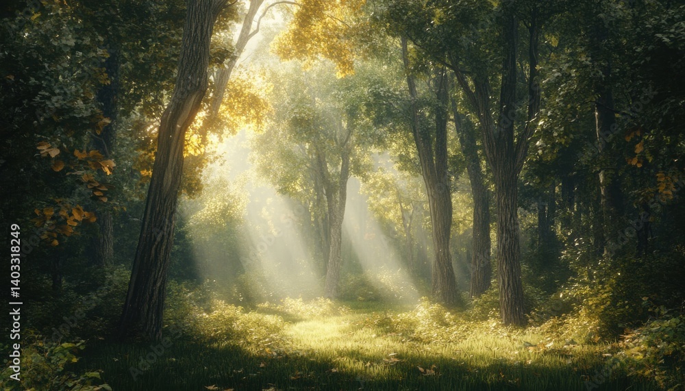 Obraz premium Sunlight streams through a mystical forest glade.