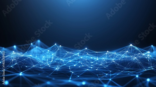 High-tech digital network grid with blue glowing lines and floating data nodes, 3D perspective, representing global connectivity and information flow.