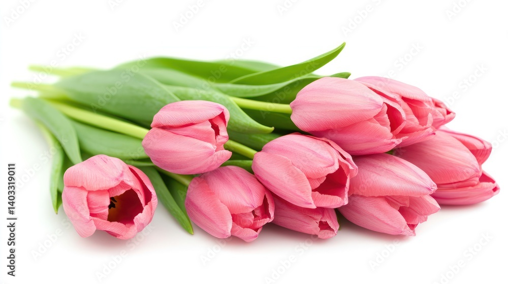 Pink tulips bouquet, studio shot, white background, spring flowers, greeting card design Pink tulips bouquet, studio shot, white background, spring flowers, greeting card design