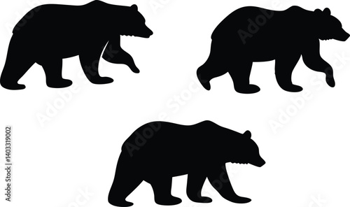Dynamic Vector Silhouette Set Featuring Bears in Different Walking Poses Depicted in Minimalistic Black-and-White Style for Wildlife-Themed Artistic Projects