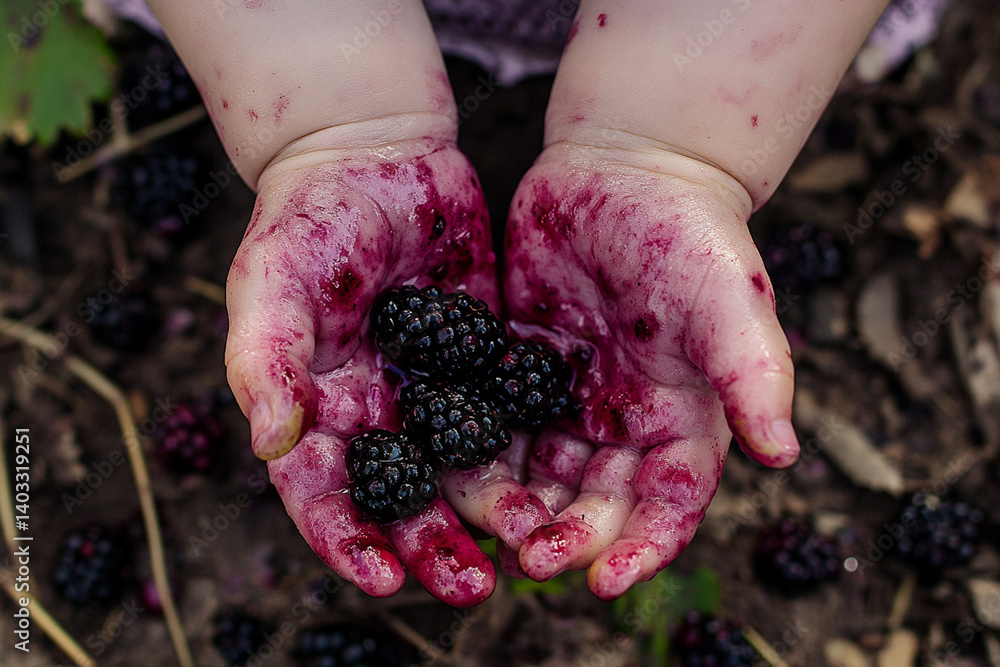 Child's hands full of blackberries stained with juice in a sunny garden during summer Child's hands full of blackberries stained with juice in a sunny garden during summer