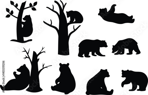 Detailed Vector Silhouette Set Depicting Eight Bears in Unique Positions and Movements Including Tree-Climbing, Lying Down, Standing, Sitting, and Leaning Against a Tree, in Black-and-White Style 