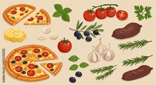 Pizza Ingredients Illustration: A delectable illustration showcases the essential components of crafting the perfect pizza, appetizingly arranged with vibrant, mouthwatering details. 