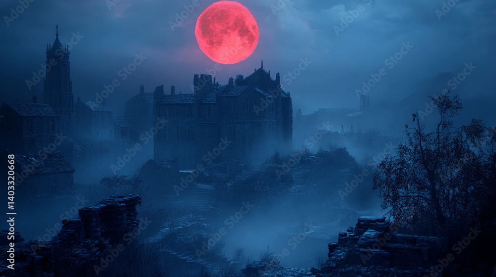 Fototapeta premium Crimson moon casts eerie light on a haunted medieval town.