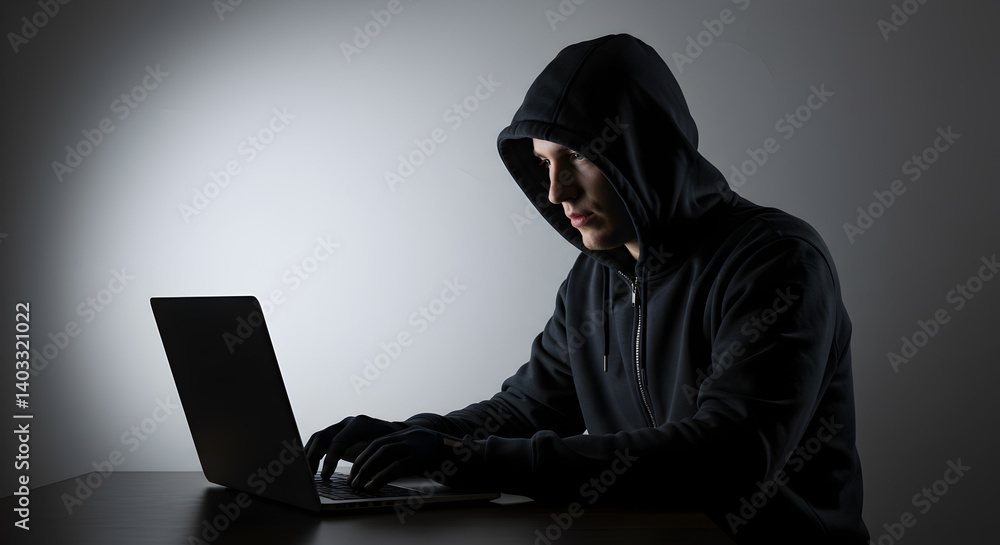 Mysterious Hacker Typing on Laptop in a Dark Room Wearing a Hoodie and Black Gloves Mysterious Hacker Typing on Laptop in a Dark Room Wearing a Hoodie and Black Gloves