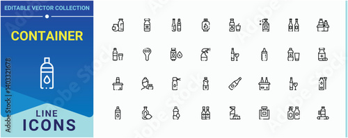 Container icon set. Contain linear symbols water wine drink, plastic eco, water and more. Bottle vector line icon set. Minimalist linear icons. Vector illustration. Pixel perfect.