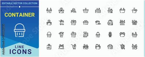 Container icon set. Contains such symbols as delivery, e-commerce, cart, supermarket, buy, bag, sale and more. Basket simple icon set. Minimal icons set. Editable vector art.