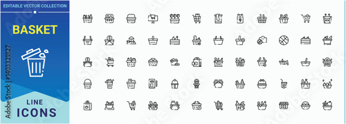 Basket linear icon. Contains outline symbols like retail, bag, buy, cart, supermarket, sell, commerce and more. Modern thin line style icons. Cart modern icon set. Editable vector art.