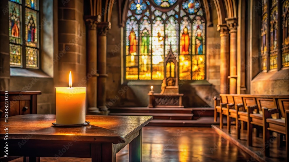 Obraz premium A lone candle stands on a wooden altar in a dimly lit church with stained glass windows and intricate stone carvings, evening ambiance, spiritual setting