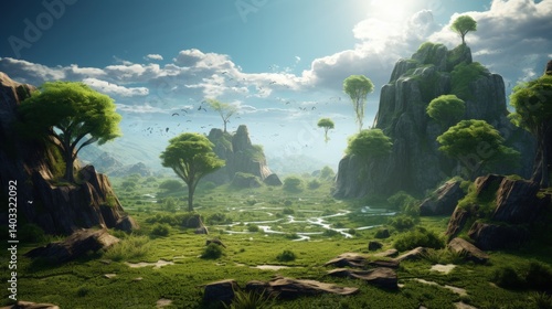 Beautiful green field side the forest landscape on sunny day. Generate AI image