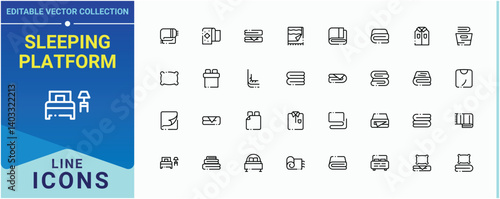 Sleeping Platform icon set. Contains such symbols as medical hotel, room, hostel, rest and more. Bed icon set. Expanded stroke icons. Editable vector. Pixel perfect.
