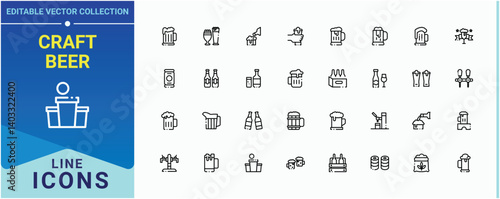 Craft Beer icon set. Contains such symbols as drink, brewery, brewer, alcohol, beverage, bar and more. Beer linear icon collection. Minimalist vector collections. Editable stroke. Vector collection.