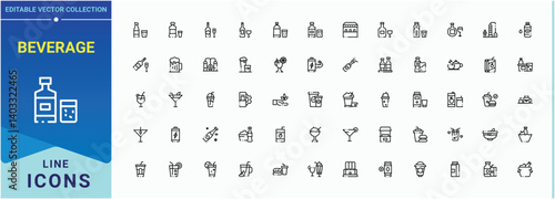 Beverage icon collection. Contains such symbols as soft drinks, champagne, cocktail, wine, soda, juice and more. Minimal icons collection. Wine icon set. Vector artwork and illustration.