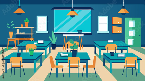 A space for workshops and classes with tables and chairs arranged for handson learning