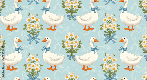 Cute floral seamless pattern with bows, flowers and goose.