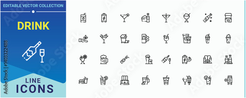 Drink icon. Contains such symbols as cocktail, juice, champagne, beer, drinks and more. Beverage icon set. Thin line icons set. Editable stroke. Vector collection.