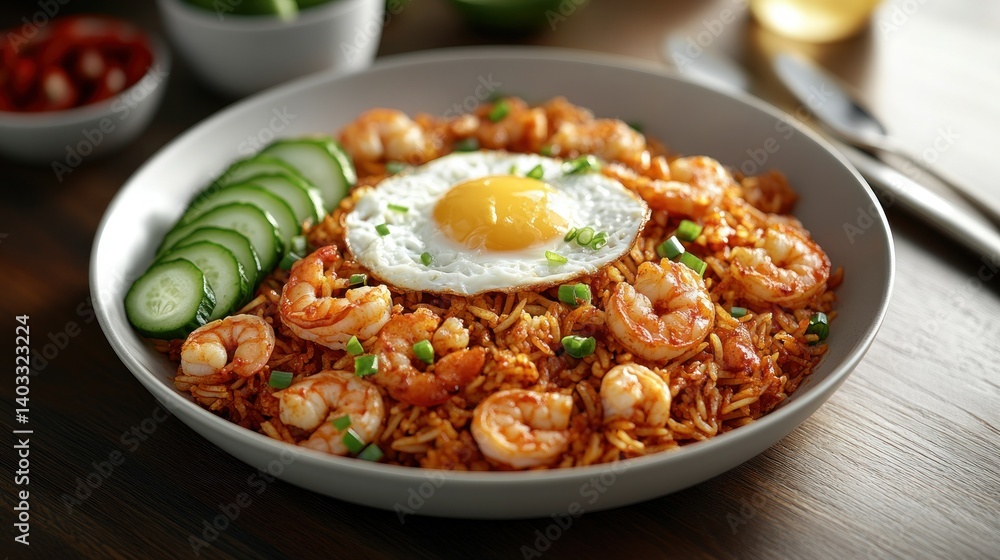 Spicy shrimp noodles with fried egg and cucumber Spicy shrimp noodles with fried egg and cucumber