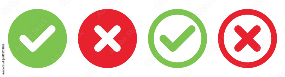 Check mark icon button set. Check box icon with right and wrong buttons and yes or no checkmark icons in green tick box and red cross. Isolated checkmark symbol, right and wrong sign concept. Icon. Check mark icon button set. Check box icon with right and wrong buttons and yes or no checkmark icons in green tick box and red cross. Isolated checkmark symbol, right and wrong sign concept. Icon.