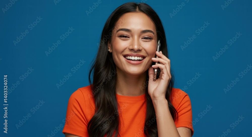 Woman Smiling While Talking on Smartphone Against Blue Background Woman Smiling While Talking on Smartphone Against Blue Background