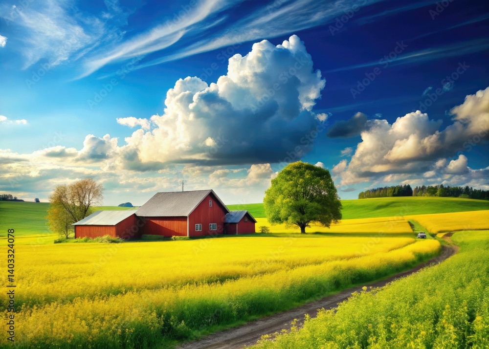 Rolling hills embrace a sun-drenched meadow, golden wheat swaying gently beneath a vast, blue sky.