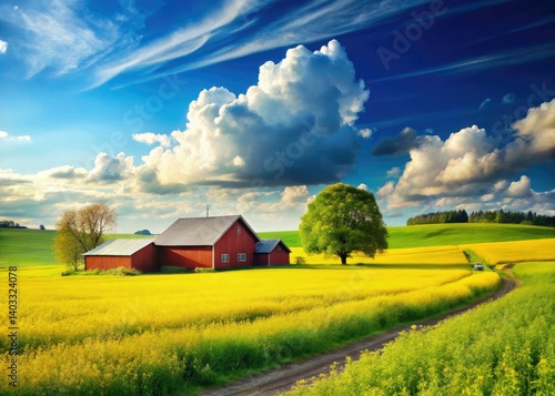 Obraz na płótnie Rolling hills embrace a sun-drenched meadow, golden wheat swaying gently beneath a vast, blue sky. w salonie