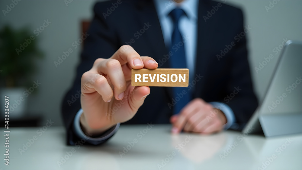 High-resolution business-themed photo featuring a professional in a suit holding a small wooden block labeled