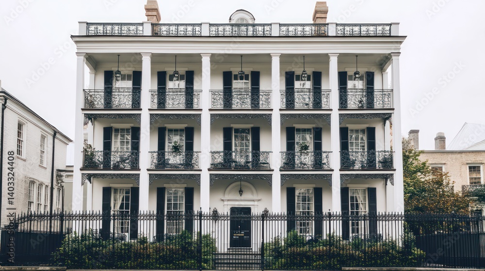 Fototapeta premium French Quarter mansion, New Orleans, overcast day, historic architecture, real estate