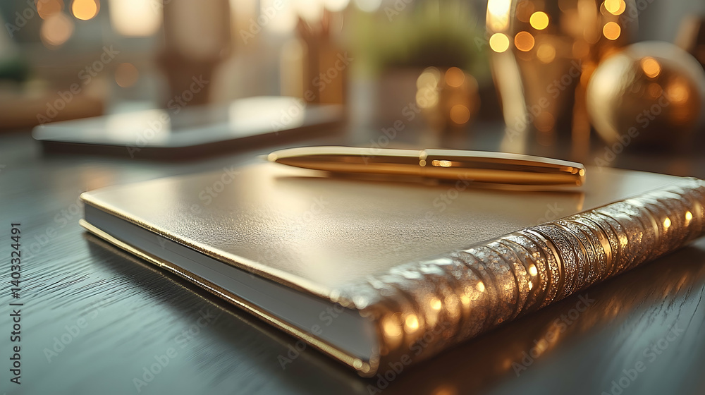 Elegant golden pen resting on a luxurious notebook in a softly lit workspace with decorative elements Elegant golden pen resting on a luxurious notebook in a softly lit workspace with decorative elements