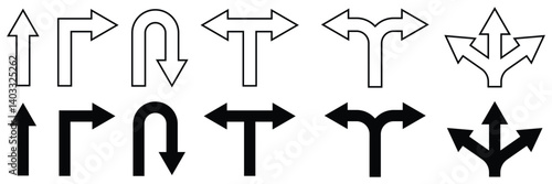 Direction icon set. Alternate Route line and filled flat designs. Go straight this way one way only U turn left and right vector illustration.